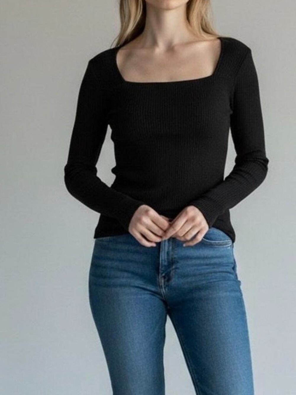 Banana Republic Factory Black Knit Long Sleeve Top With Square Neckline Size Med